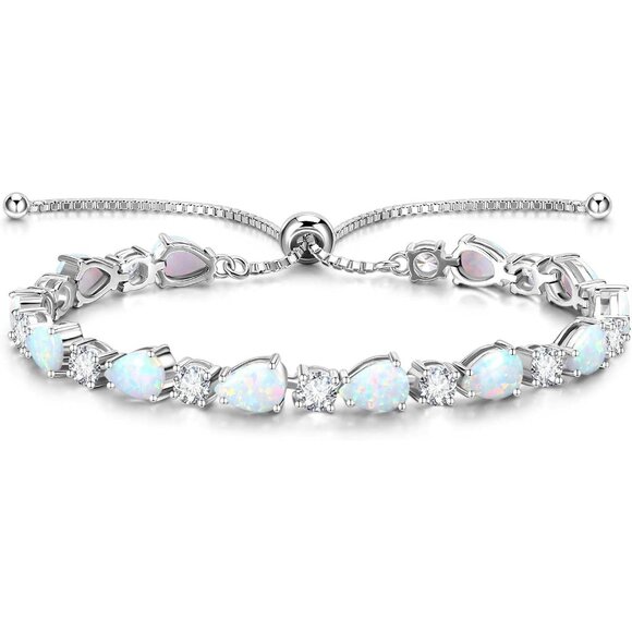 Sterling Silver Opal Birthstone Tennis Bolo Bracelet for Women with Adjustable F - Picture 1 of 8